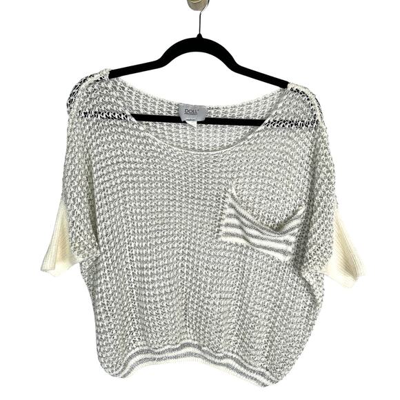 NEW! Revolve M Doll&Company Metallic Open Knit Cropped Sweater Silver White - Picture 1 of 5
